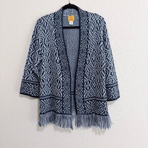 Ruby Rd Plus Size PXL Cardigan Boho Blue Fringe Long Sleeve Sweater Open Front